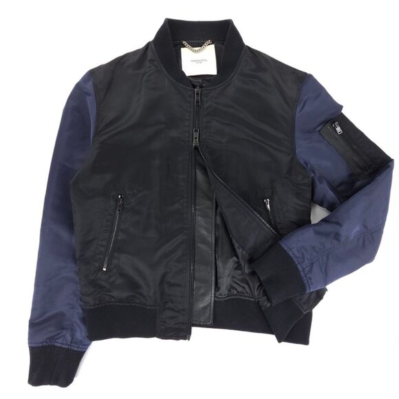 OVADIA & SONS Leather Trim Satin Bomber Jacket Black Minimal Athleisure Aviator - Picture 1 of 14